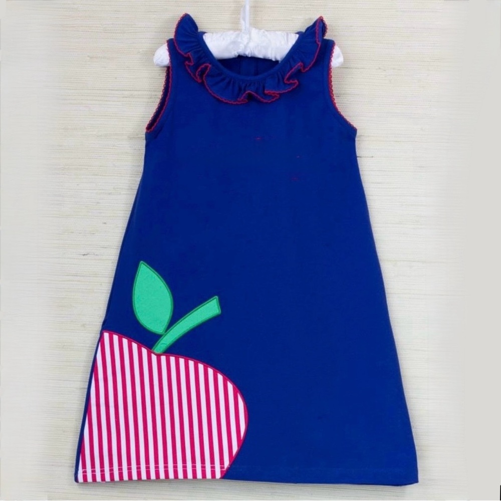 Smockingbird Apple Appliqué Navy Ruffle Dress